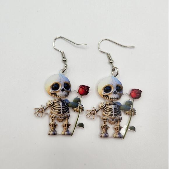 Acrylic Skeleton Holding Red Rose Dangle Earrings Halloween Gothic - Picture 5 of 7